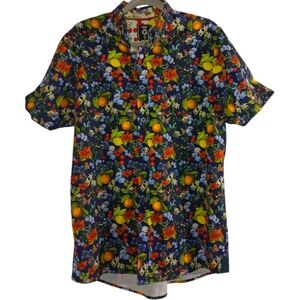 Fried Denim Fruit/Floral Print Men's Short Sleeve Shirt Button Up SZ Med